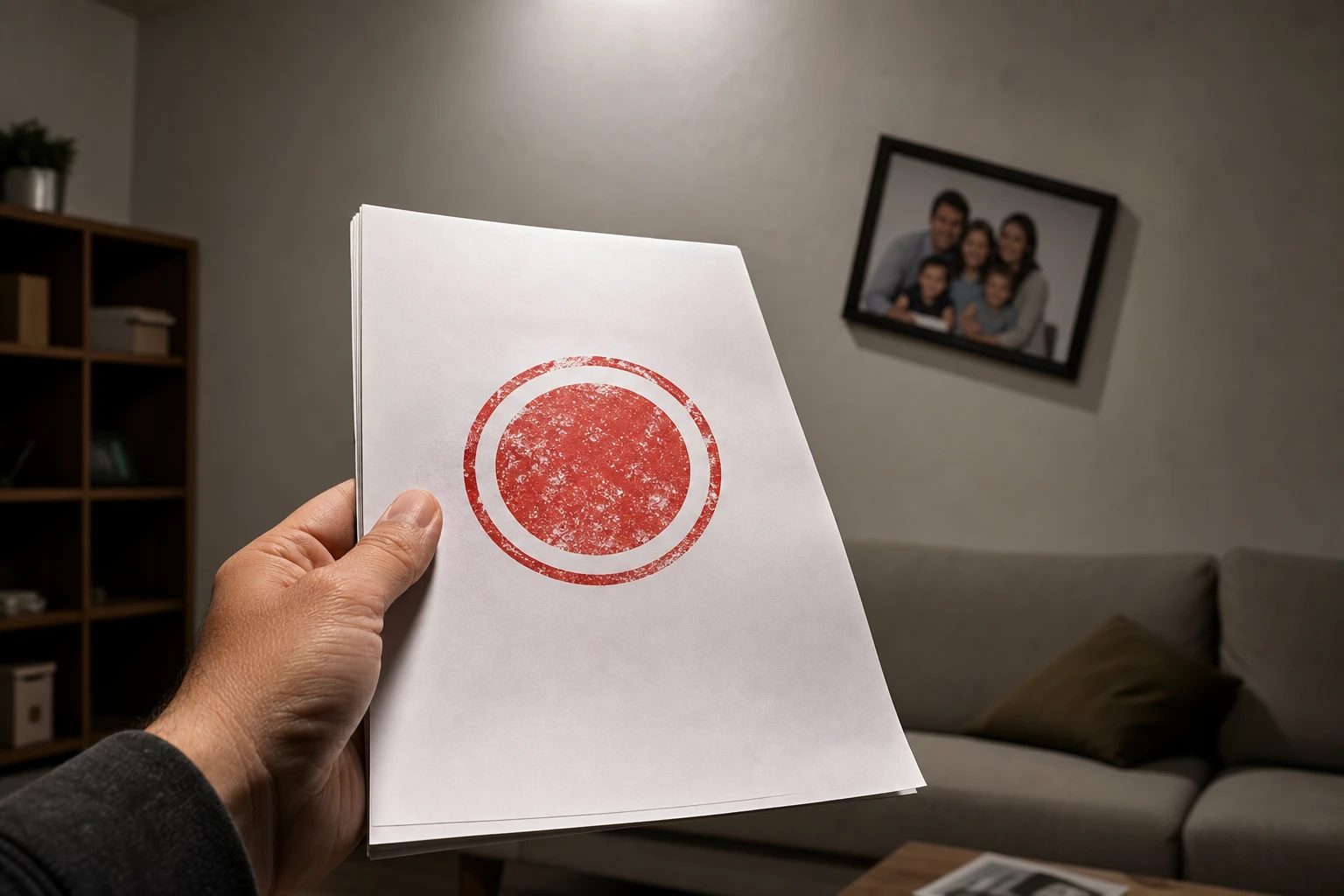 A close-up shot of a hand holding a legal document with a prominent red stamp indicating "embargo," set against a backdrop of a modest living room. In the background, a family photo hangs slightly askew on the wall, suggesting a sense of stress and urgency in the home environment. The lighting is harsh and overhead, casting sharp shadows that emphasize the tension of the moment.