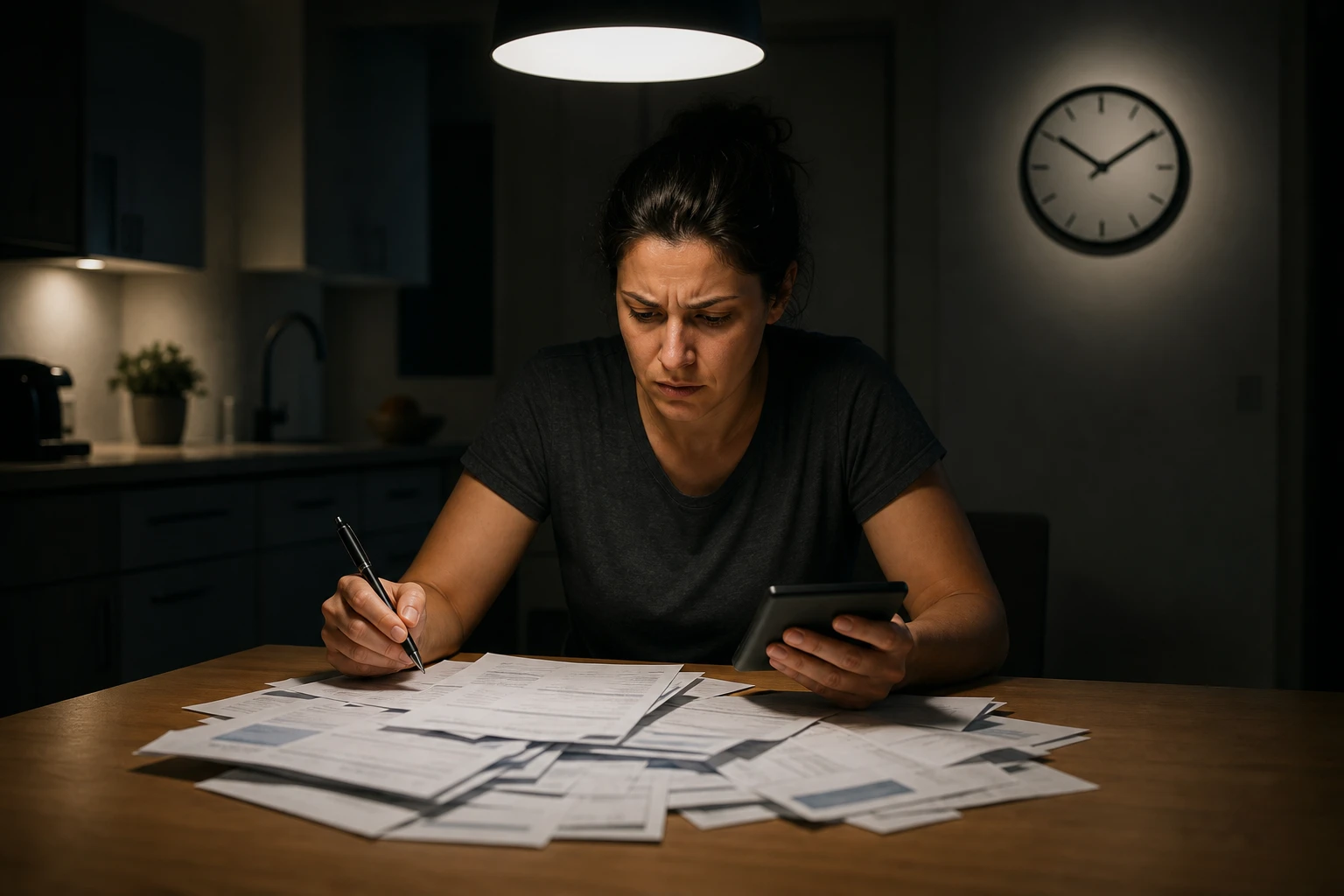 A close-up of a concerned individual sitting at a kitchen table, examining a stack of unpaid bills and bank statements under harsh overhead lighting. The scene captures a pen in one hand and a calculator in the other, with a clock on the wall indicating late evening, emphasizing the urgency of managing their debt. In the background, soft shadows of a dimly lit kitchen create a tense atmosphere, reflecting the emotional weight of financial obligations.