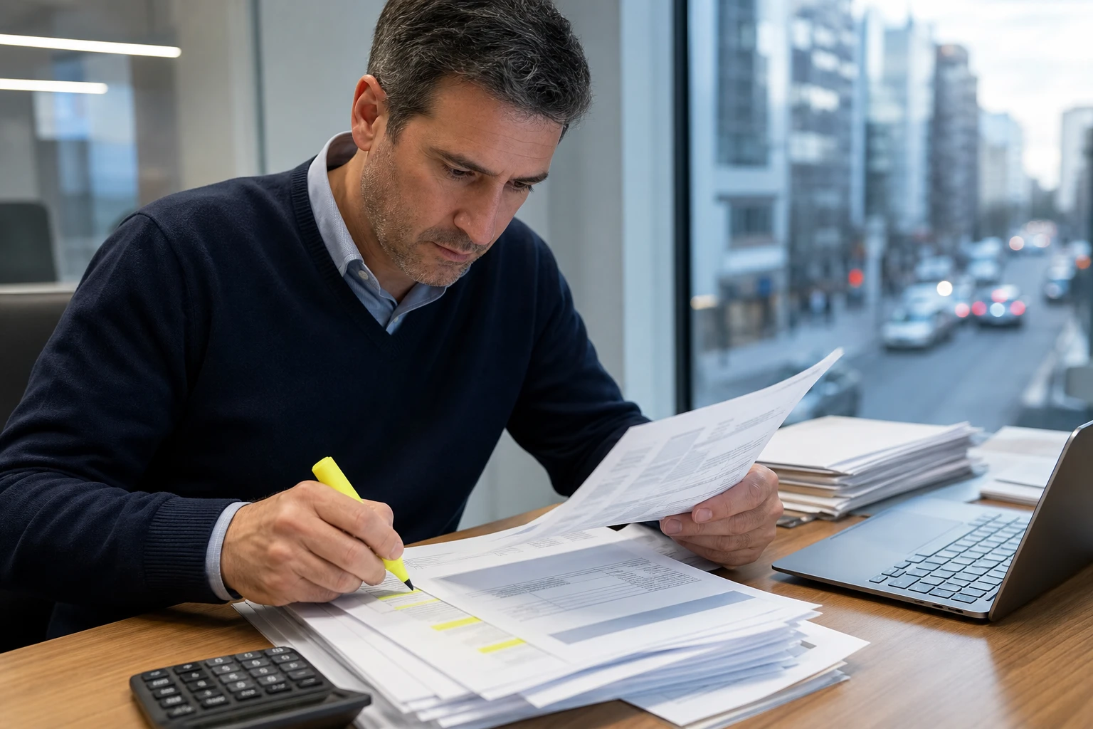 A close-up shot of a person sitting at a wooden table, reviewing a stack of invoices and legal documents under bright overhead fluorescent lighting. The individual, a middle-aged man in a business casual outfit, is focused intently as he highlights specific amounts and due dates, with a calculator and an open laptop beside him. In the background, a window reveals a bustling city street, hinting at the urgency of managing financial obligations.