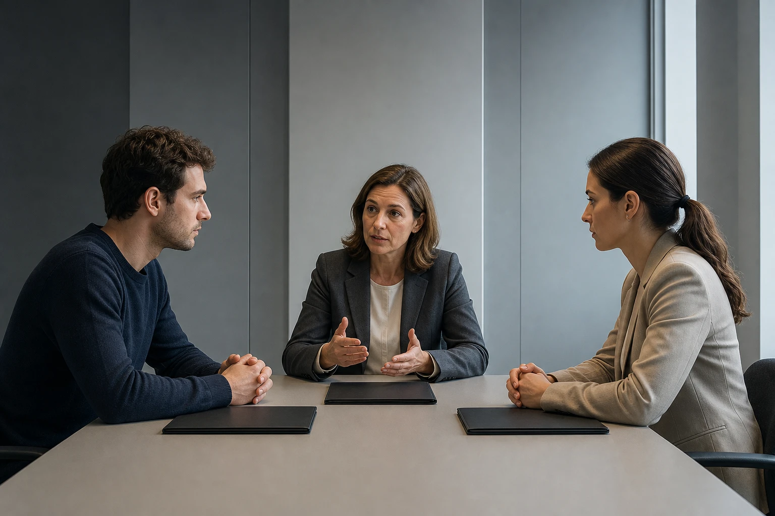 En una sala de conciliación laboral sobria, una persona trabajadora y un representante de la empresa se sientan frente a frente ante una mediadora, con carpetas cerradas sobre la mesa y expresiones serias mientras escuchan la propuesta de acuerdo. Luz fría y contrastada, composición amplia y limpia, sin pantallas ni documentos legibles.