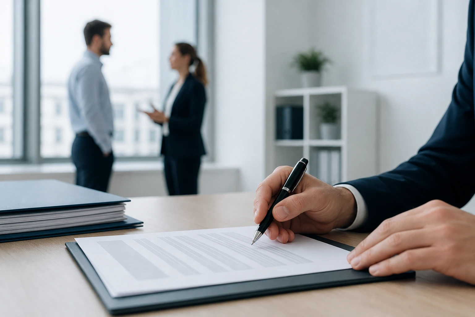 Primer plano de unas manos revisando y firmando un contrato de trabajo impreso sobre una mesa de una oficina española, con un bolígrafo y una carpeta de documentos ordenados; el texto no es legible ni contiene letras visibles. Al fondo, un trabajador y su responsable conversan junto a una ventana, con luz fría de oficina y una atmósfera seria pero confiable.
