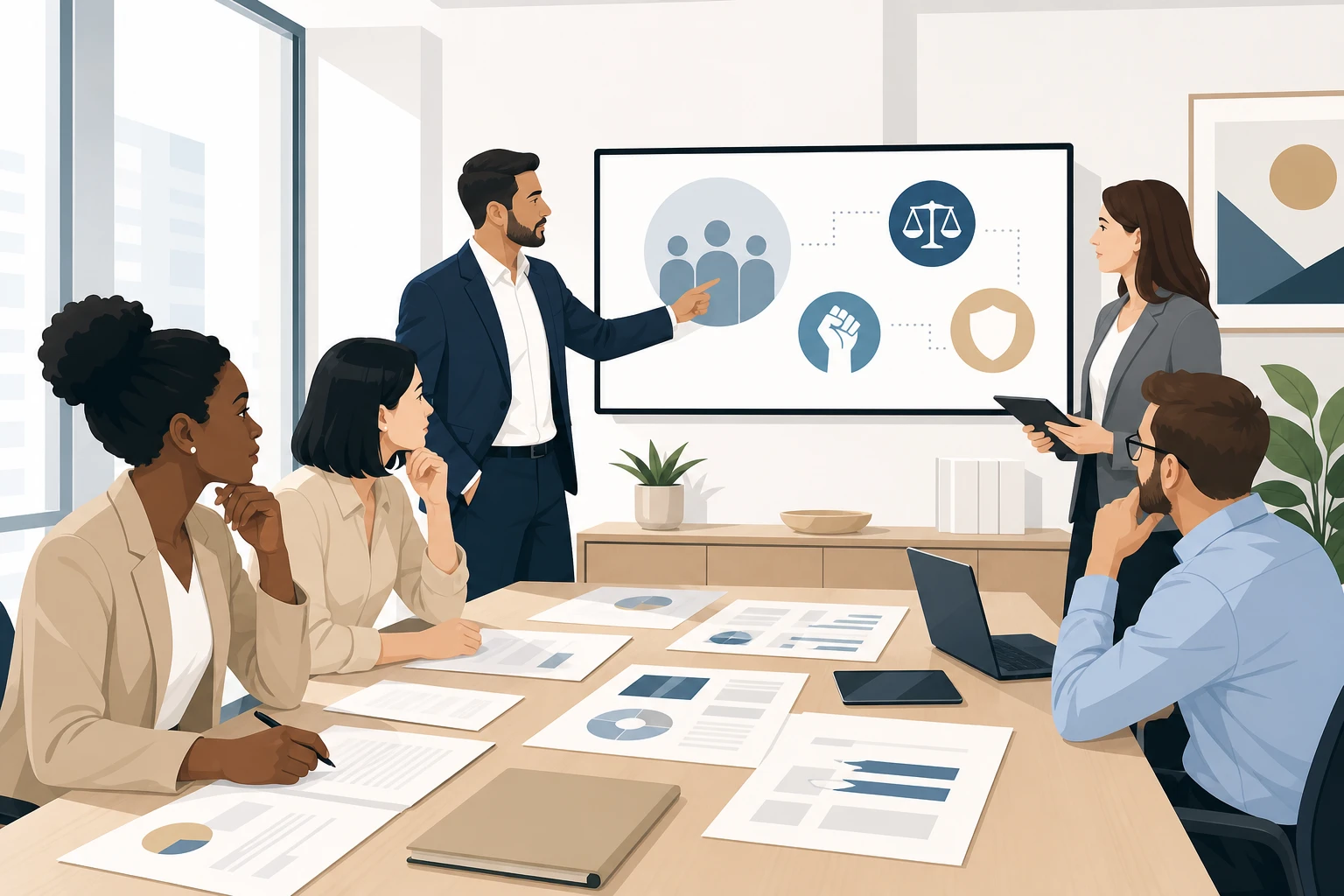 A diverse group of professionals in a bright, modern office setting engage in a focused discussion around a large conference table. Documents outlining labor rights and contracts are spread out, while one person points to a digital presentation on a screen, highlighting key points. The atmosphere conveys a sense of collaboration and urgency, reflecting the importance of understanding labor relations and workers' rights.