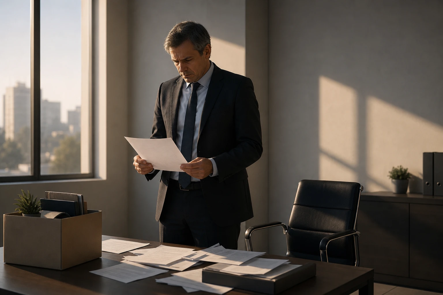 A somber office environment shows a middle-aged man in business attire standing by a desk, holding a termination letter with a concerned expression. Sunlight streams through a window casting long shadows, highlighting the tension of the moment as a nearby chair remains unoccupied, symbolizing the abrupt end of employment. Papers are scattered across the desk, hinting at the chaos and emotional weight of a job loss decision.