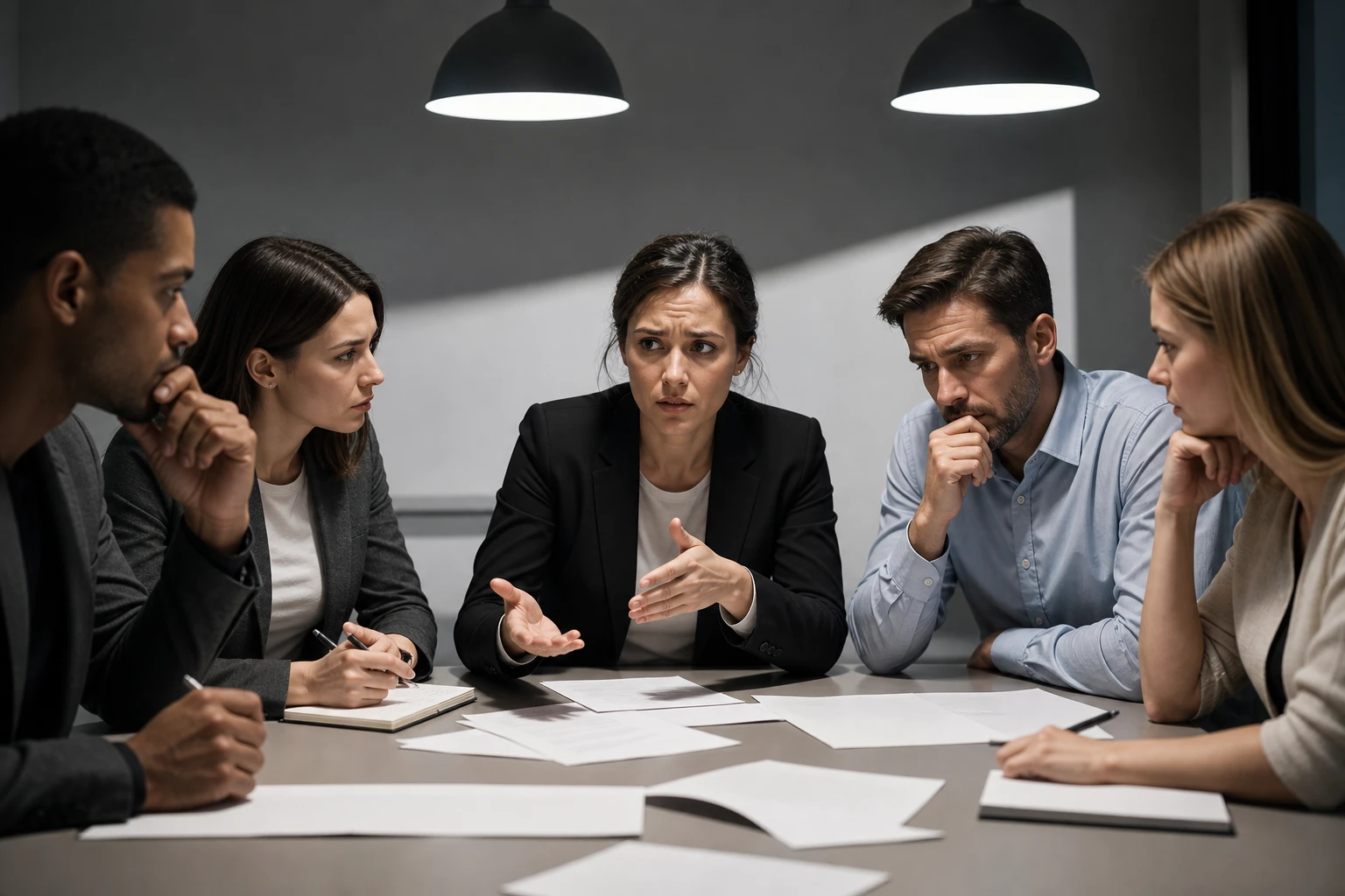 A close-up scene of a diverse group of employees in an office environment, engaged in a serious discussion around a conference table. Some are taking notes while others express concern, with papers and documents spread out in front of them, highlighting the gravity of workplace rights. The lighting is stark and overhead, casting sharp shadows that emphasize the tension and urgency of the conversation.