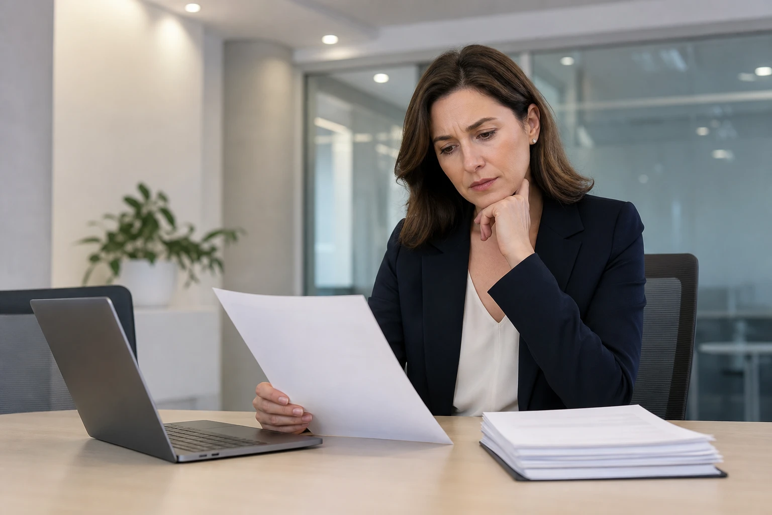 A close-up shot of a concerned HR manager sitting at a conference table, reviewing documents related to an employee's performance. The room is well-lit with bright overhead lights, featuring a laptop open beside a stack of papers that include a formal termination letter. The expression on the manager's face conveys a mix of professionalism and empathy, emphasizing the gravity of the decision being made.