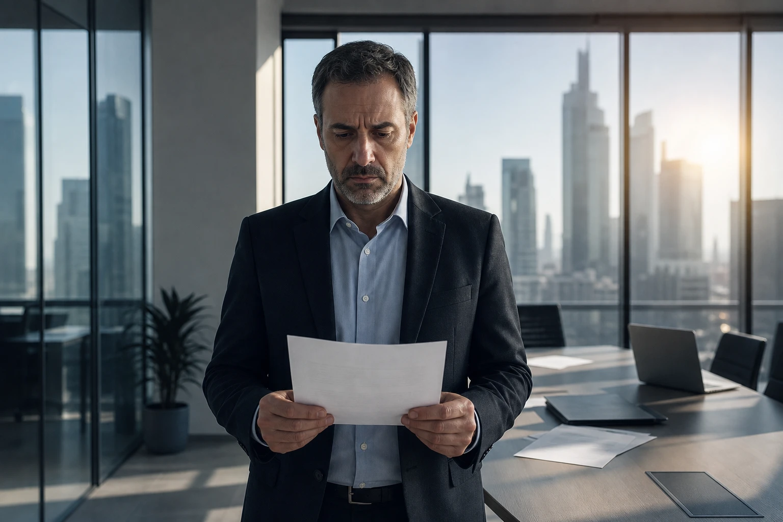 In a modern office setting, a middle-aged employee stands in front of a large glass window, holding a termination letter with a serious expression. The city skyline is visible in the background, bathed in stark, dramatic light, emphasizing the weight of the moment. Papers and a laptop are scattered on the conference table behind, symbolizing the abrupt end of a professional relationship.
