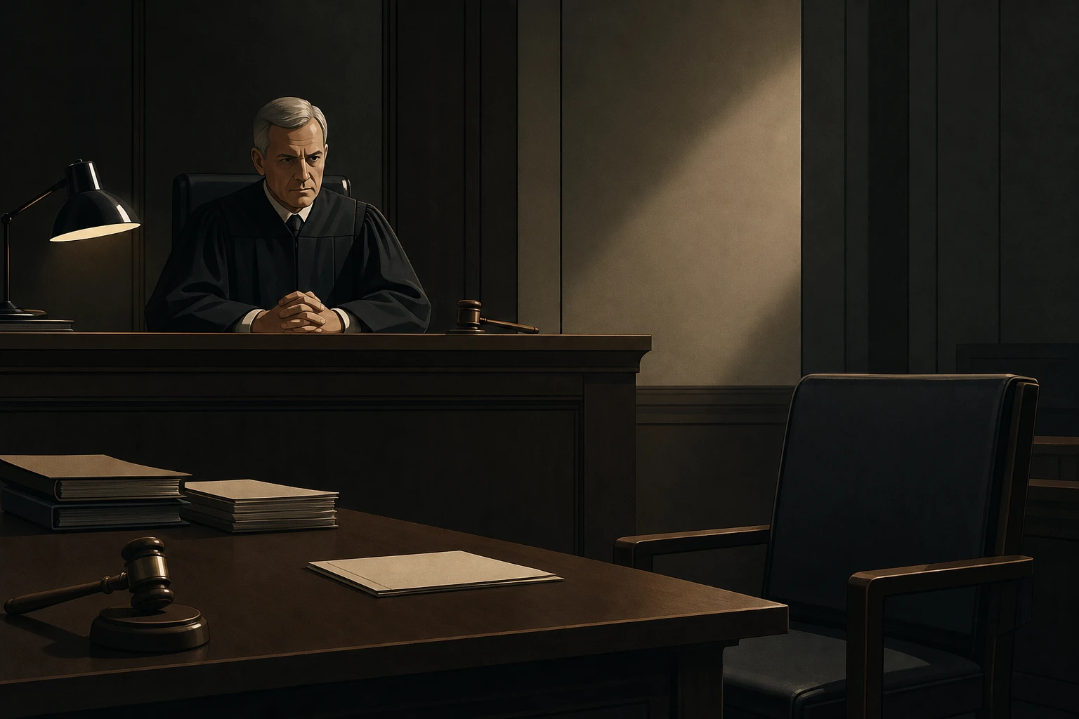 A tense courtroom scene captures a judge at the bench, looking intently at an empty chair where a defendant should be seated. The courtroom is dimly lit, with stark shadows emphasizing the seriousness of the situation, while legal documents and a gavel rest on the table, hinting at the proceedings unfolding without the absent parties. The atmosphere is thick with anticipation, as the judge prepares to proceed with the case despite the absence of key individuals.