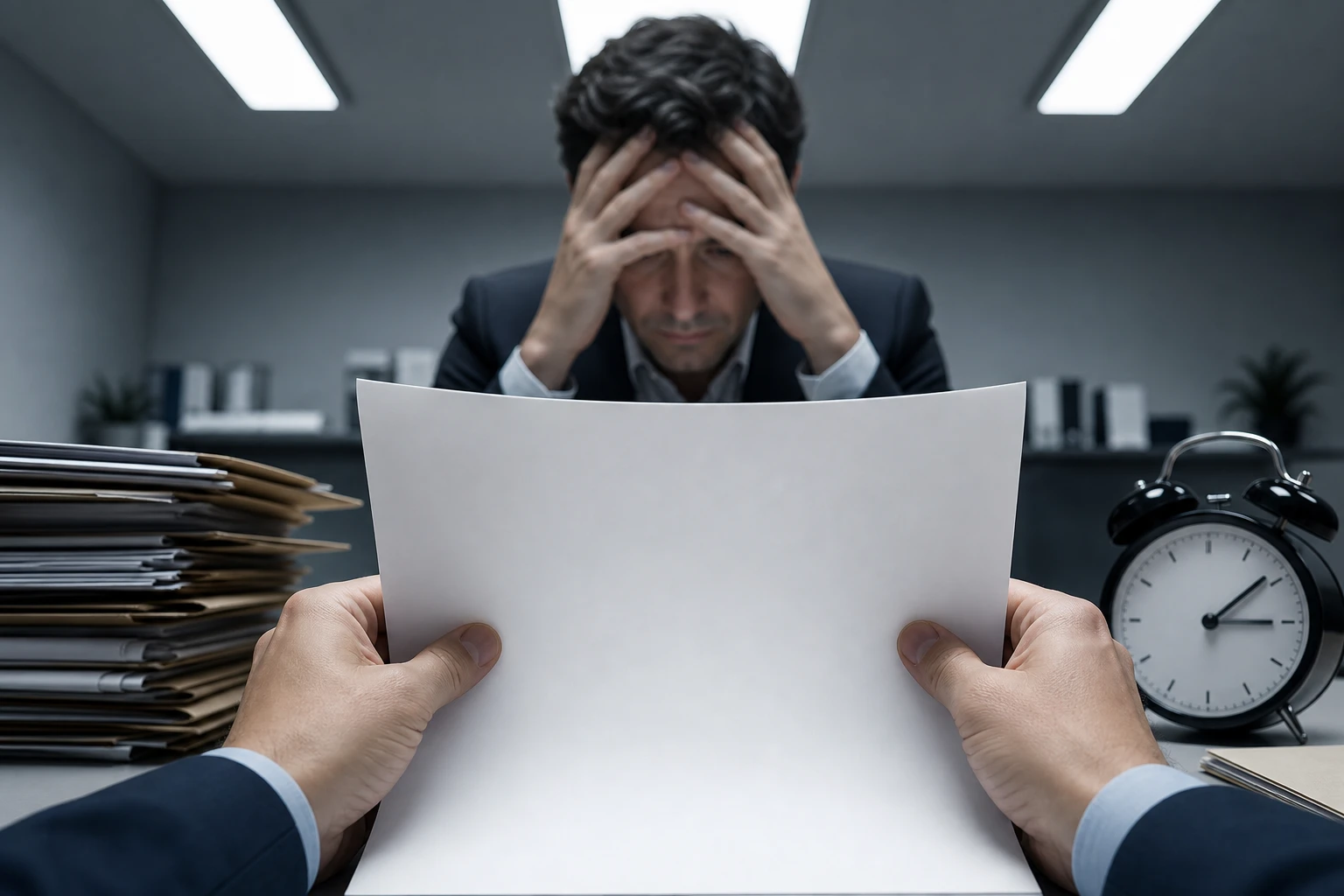 A close-up shot of a pair of hands gripping a legal document, with a worried expression on a person's face in the background, sitting at a table cluttered with files and a ticking clock. The scene is illuminated by sharp overhead fluorescent lights, emphasizing the tension of an impending deadline in a law office setting. The atmosphere is filled with urgency, capturing the critical moment before a legal response is due.